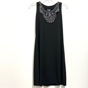 First Glance Elegant Black Flowy Embroidered Sleeveless Dress